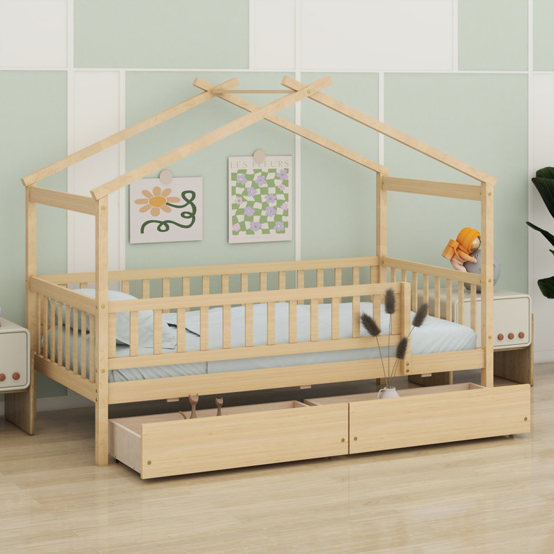 Lit en bois avec tiroirs, Naturel