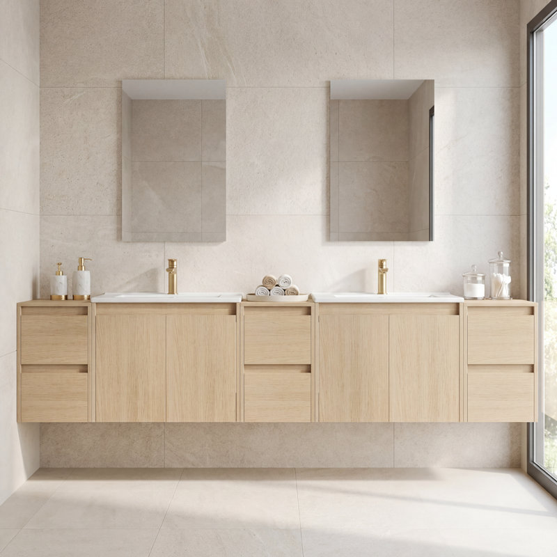 Meuble-lavabo double 84 po avec lavabo en céramique et conception sans poignée, Frêne, 84"