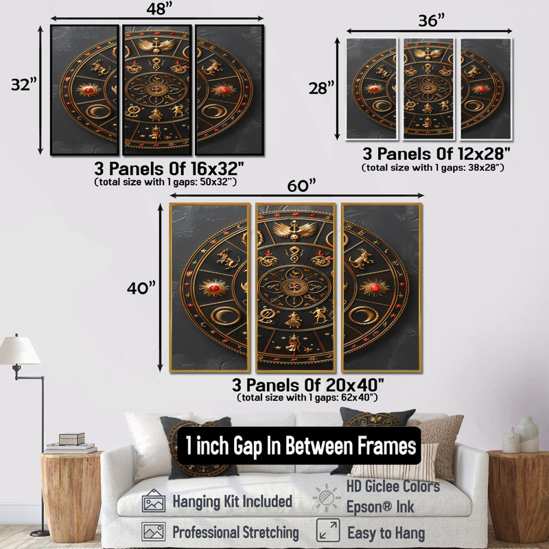 Ensemble de salon Golden Astrology Seal - Astrology Wall Art, Encadrement argenté, H 40 po x l 60 po x P 1 po