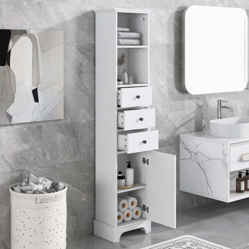 Freestanding Linen Tower Cabinet with 3 Drawers, 68.3" H x 15" W x 10" D, White Straight Back Design