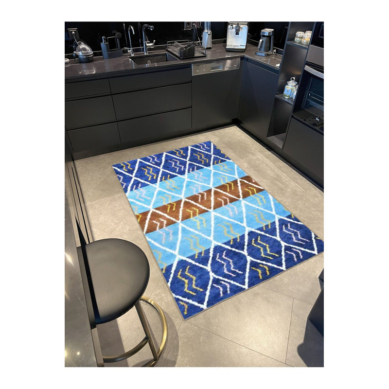 Tapis décoratif moderne à motif géométrique bleu et brun lavable à la machine, Tapis de couloir 3 pi 3 po x 9 pi 10 po