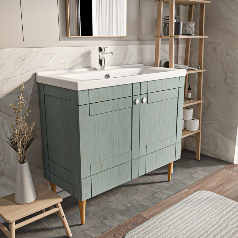 Meuble-lavabo avec lavabo en céramique Sara, Vert mer, 39"