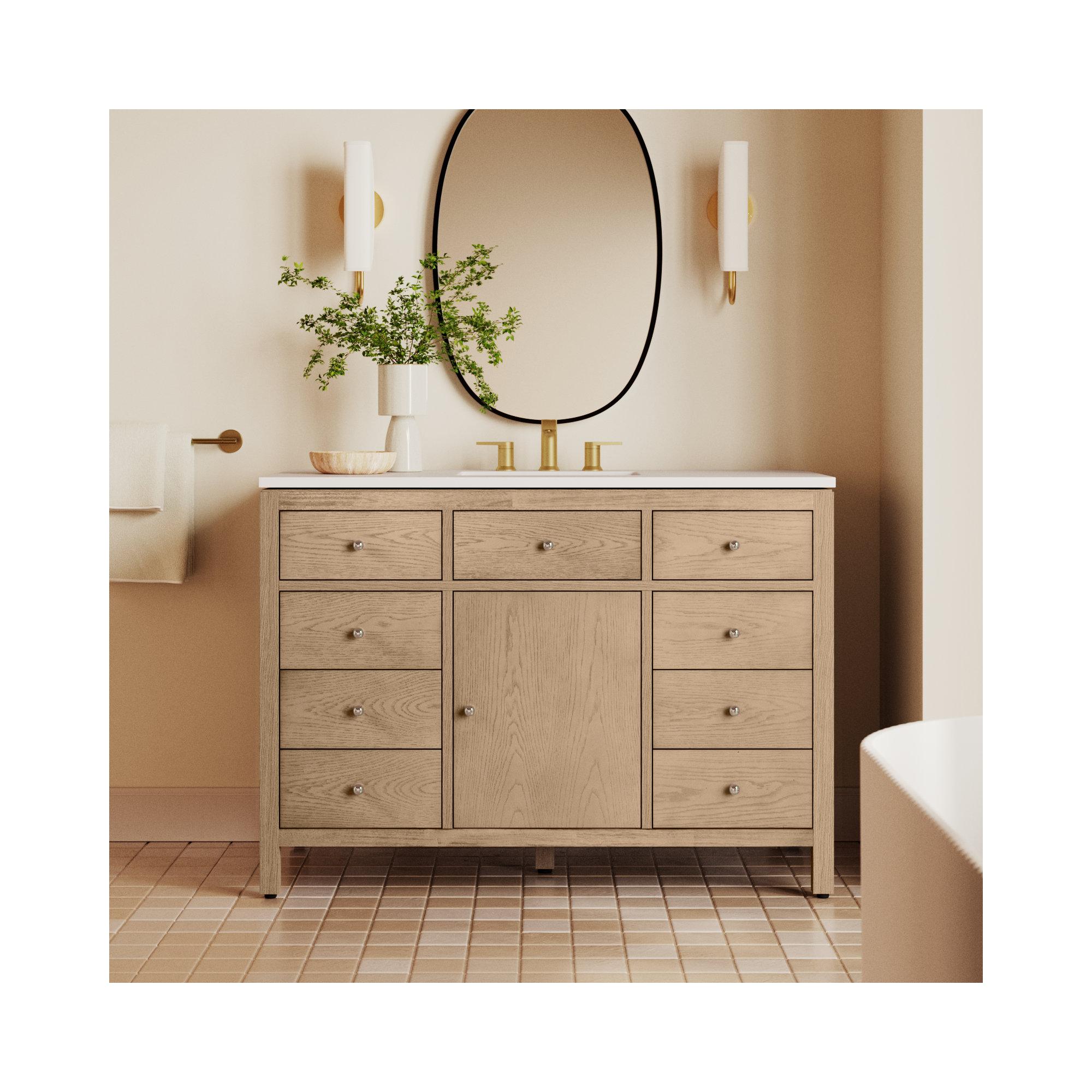 Celine 48 in Single Sink Bathroom Vanity with Quartz Top, Light Oak