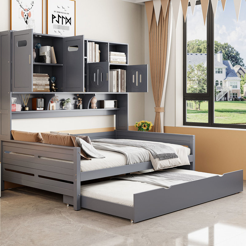 Full Size Daybed With Twin Trundle, Cabinet And Shelf In Gray Wood - Robust Size Trundle Unified Cabinet-Shelf Strong Space Managed