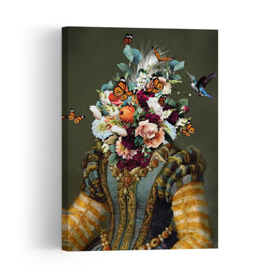 Regal Floral Fantasy Abstract Retro Vintage Butterfly Hummingbird Bird Flower Portrait Wall Art Print by Sue Skellern - Print