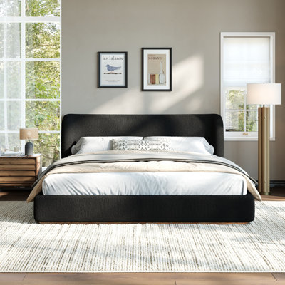 Queen Size Low-Profile Black Upholstered Platform Bed Boucle Fabric Curved Headboard Wood Slats No Box Spring Modern Bed Frame
