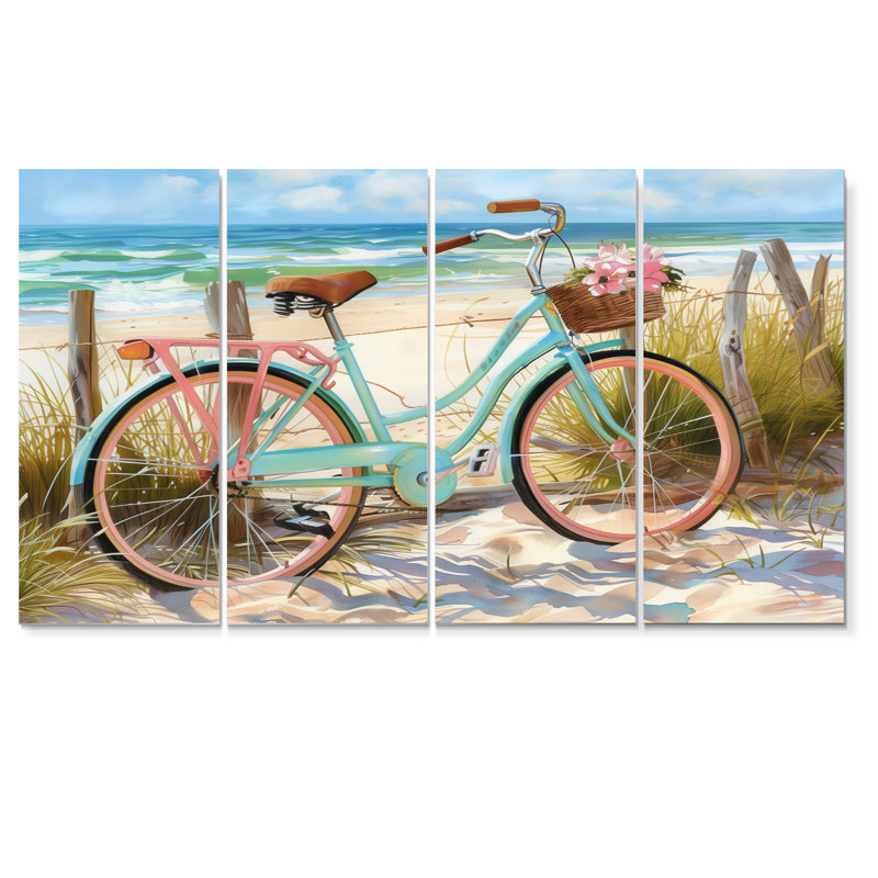 «Blue Bicycle On The Beach Pathway III», ensemble d'art sur toile côtière, 32" H x 64" W