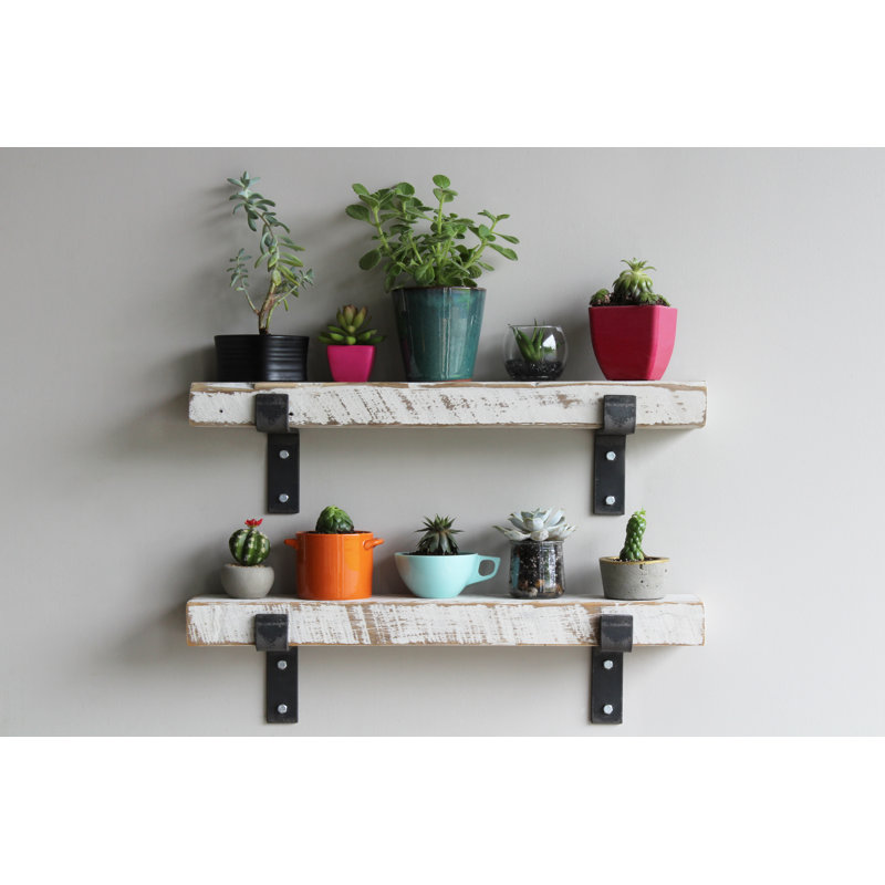 Tablette décorative en bois massif 2 pièces Brennon, Blanc délavé, H 2 po x l 18 po x P 7 po