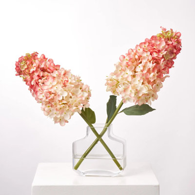 Lifelike Late Summer Pink Ombre Panicle Cone Hydrangea Large Blooms in Factice Vase Water Illusion Arrangement