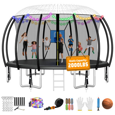 16ft Round Backyard Trampoline With Safety Enclosure Net Basketball Hoop Bonus Sprinkler And Led Lights, Outdoor Recreational Trampoline