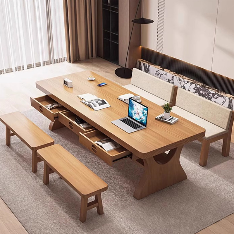 Large rectangular solid wood desk with drawers, 29.53"H*94.49"W*39.37"D