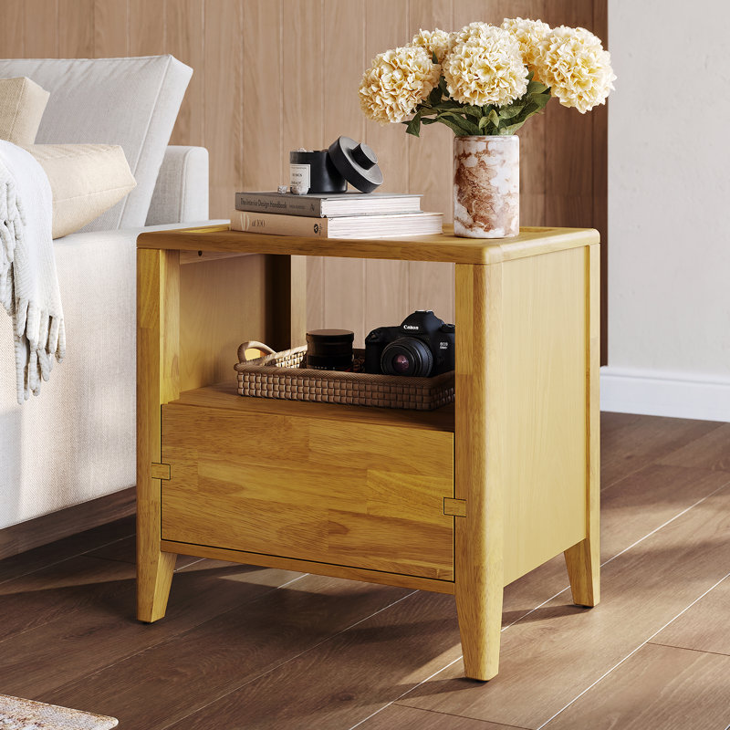 Jamerian Rubber Wood Nightstand, Modern Bedside Table with 1 Drawer, Bed Night Stands, Side Tables for Bedroom, Living Room & Reading Room