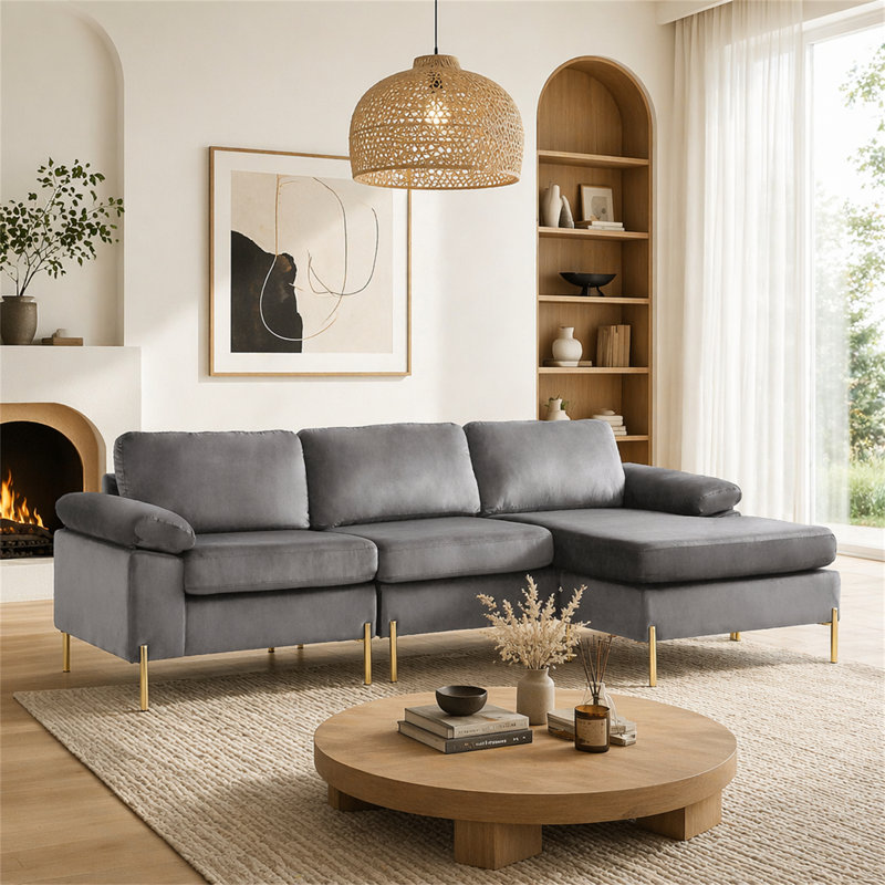 Canapé modulaire en velours avec méridienne Shannon, Gris