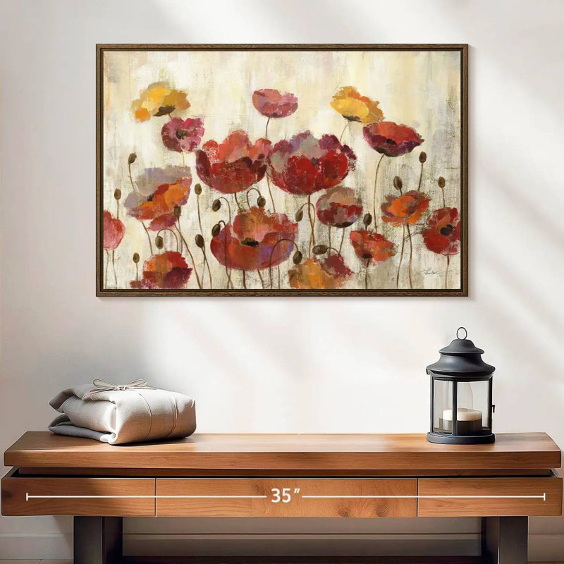 Coquelicots sous la pluie, 37 po x 25 po, Cadre flottant noyer