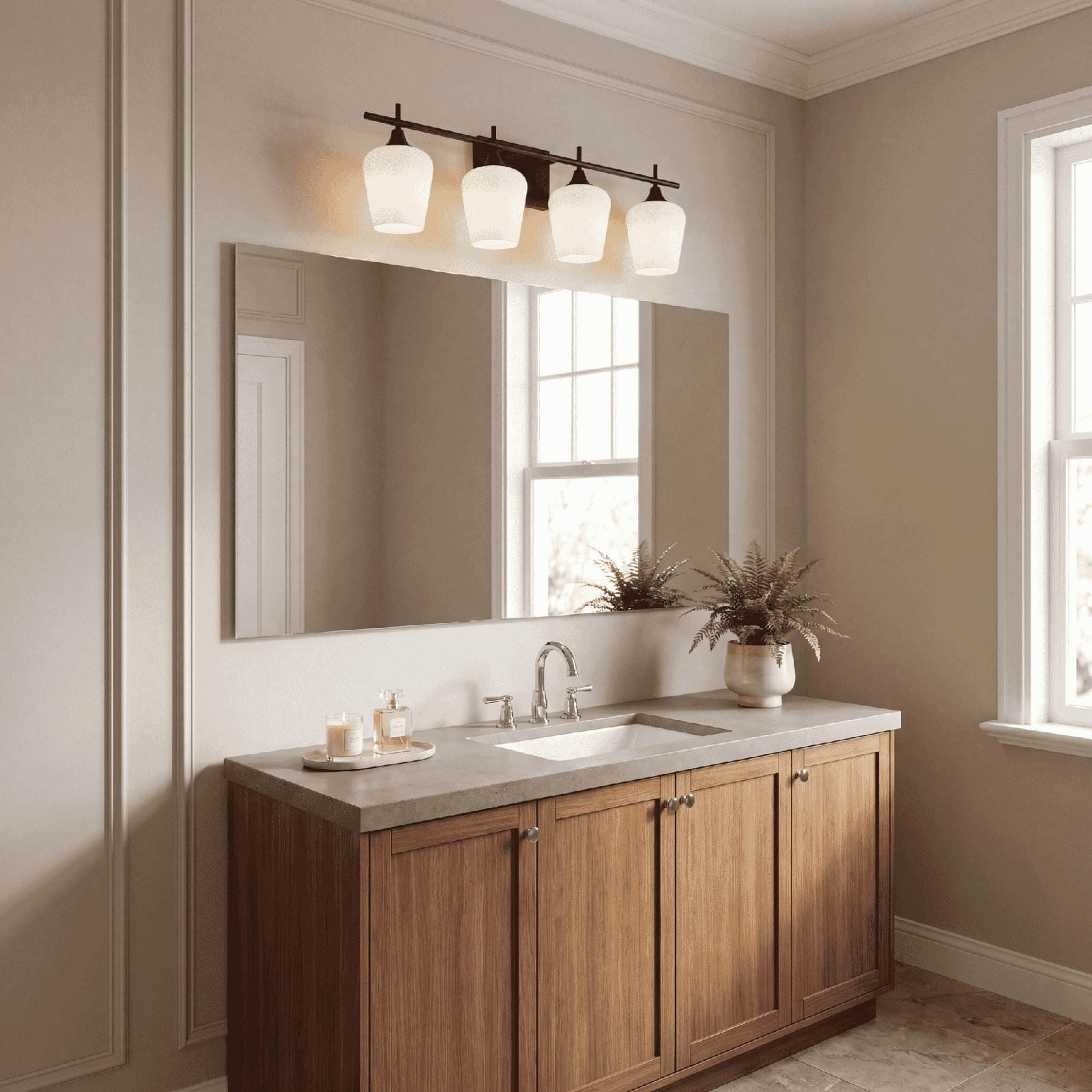 Breena 4-Light Dimmable Vanity Light, White, Satin Nickel