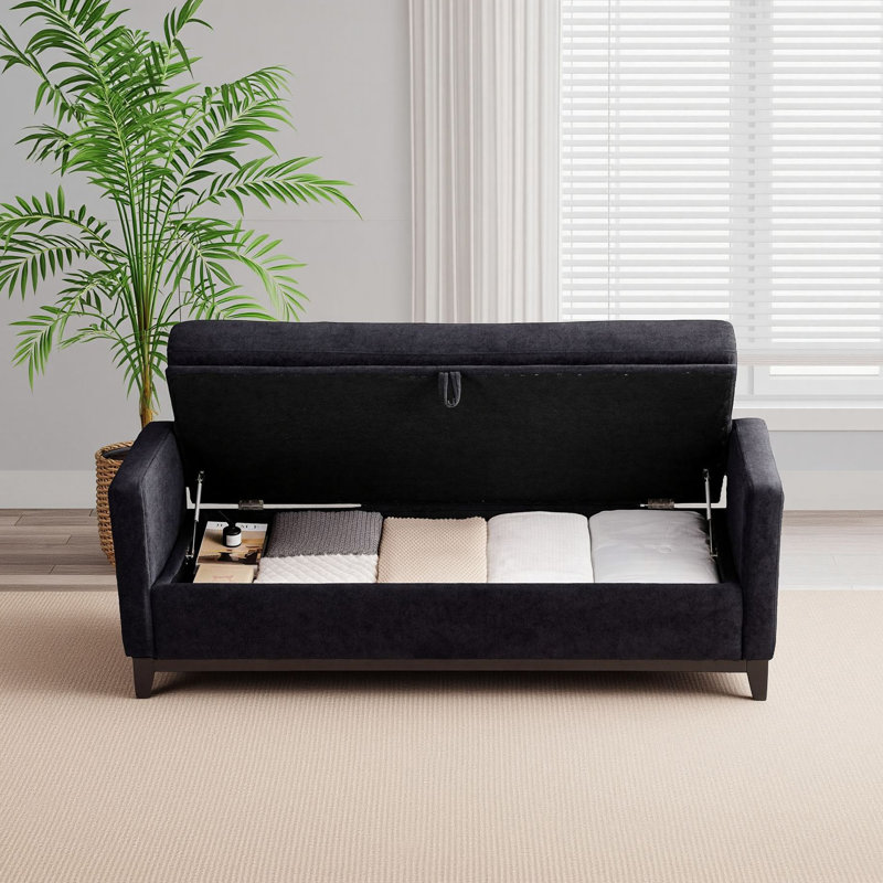 Banc rembourré moderne de 66 pouces avec coussins à double extrémité Grand compartiment de rangement intégré Revêtement en tissu de peau de mouton Pieds en grain de bois massif Banc multifonctionnel Repose-pieds Canapé-lit Banc de rangement adapté au salon