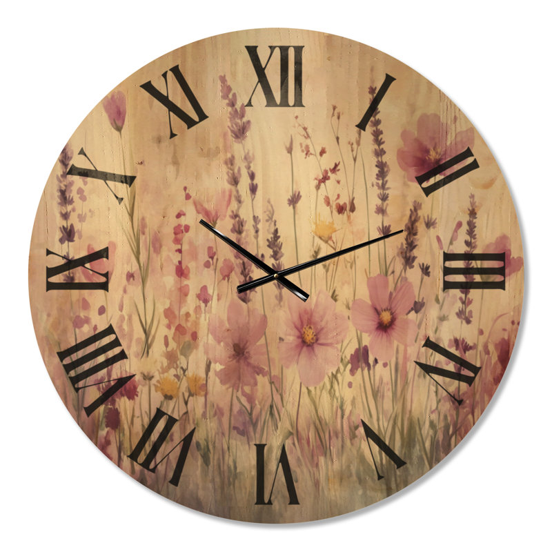 Très grande horloge murale florale silencieuse en bois - Prairie pastel printanière, Surdimensionné