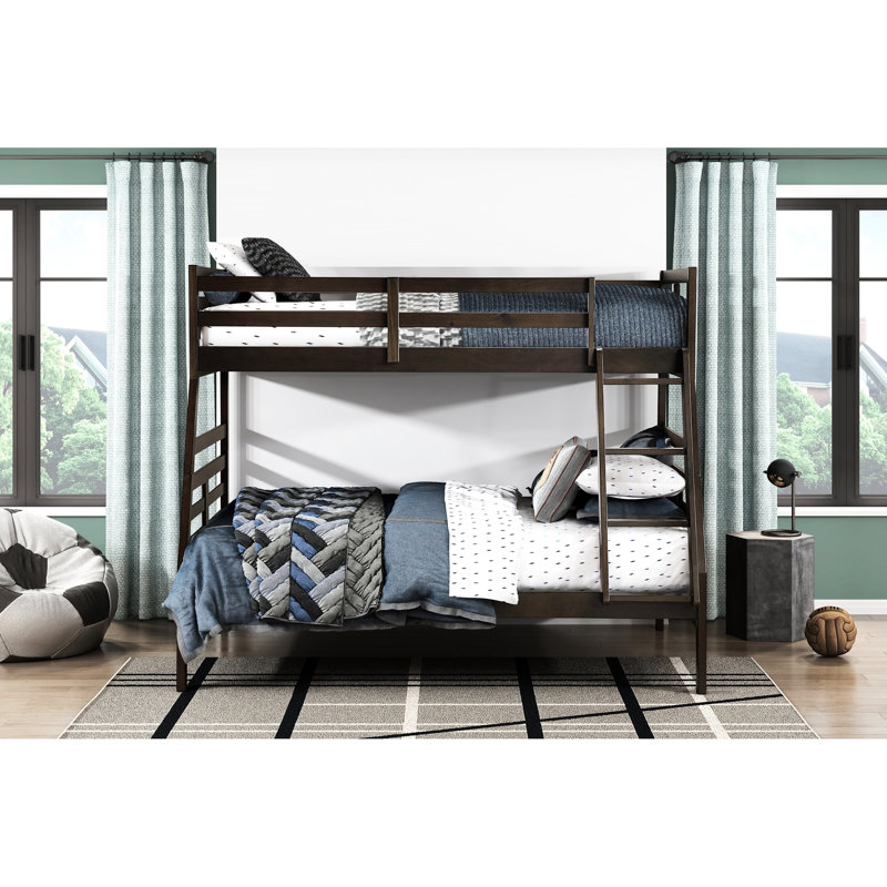 Lit simple superposé au-dessus d'un lit double, brun foncé classique, structure en bois, garde-corps sur le dessus, lit superposé, sans sommier, composition de 300 lb par lit, sommier tapissier, convient à la chambre à coucher