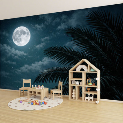 Peel and Stick Wallpaper 96" L x 69" W Modern Self Adhesive Wall Mural for Bedroom - With Full Moon Night Sky Stars Silhouetted Palm Tree Print