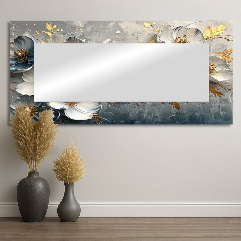 Arrangement silencieux de tulipes bleues et velours bleu doré - art mural miroir floral - imprimé sur métal, 28 po x 60 po