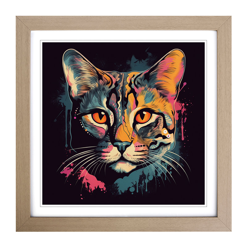 Cat Graphic Art No.1 - Framed Print, Oak
