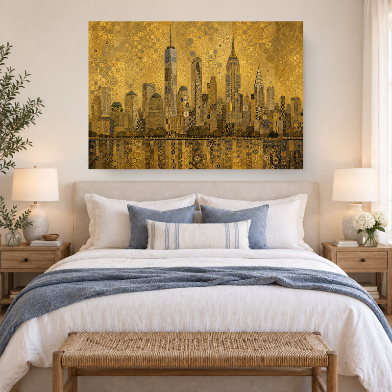 Tableau mural en mosaïque dorée métallisée représentant la ligne d'horizon de New York, H 12 po x l 18 po