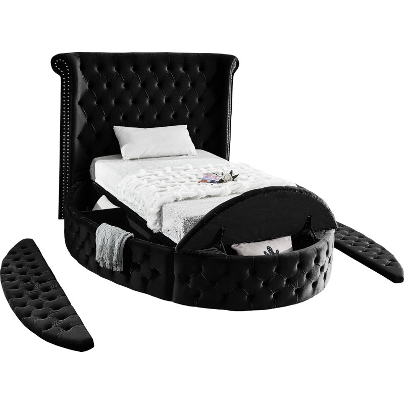 Lit plateforme tapissier avec rangement capitonné Dorgan, Simple, Velours noir