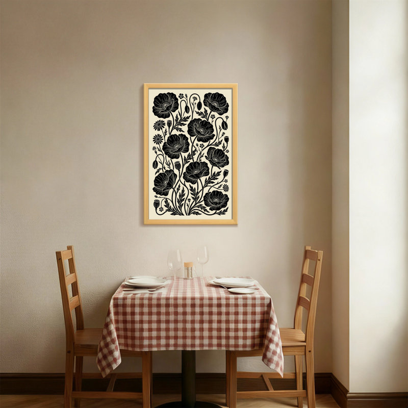 Plantes et fleurs - motif floral coquelicot noir sur fond crème, H 36 po x l 24 po
