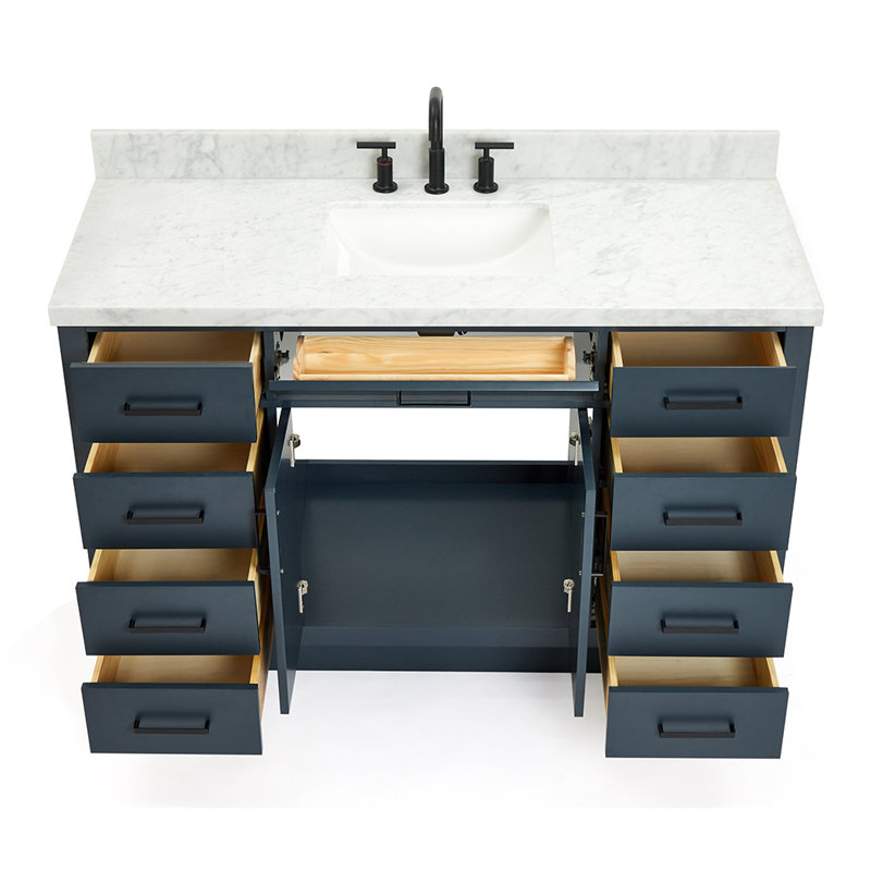 Meuble-lavabo simple en bois massif 54 po avec lavabo en marbre Carrara de 1,5 po Thornaby, Forme rectangulaire