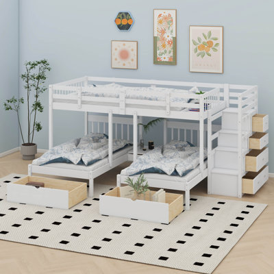 Jophiel Bunk Bed, Wood Triple Bunk Bed With Drawers And Guardrails