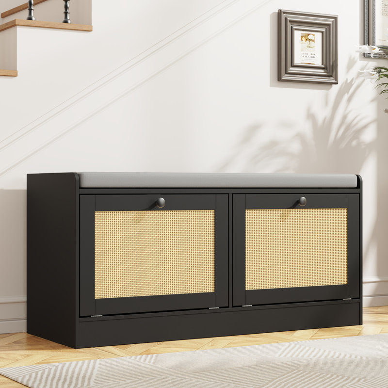 Rattan Shoe Bench Fit Up To Shoe Size 16, Boho Entryway Bench With Storage Cabinets And Seat Cushion, Wooden Shoe Storage Bench For Entryway, Hallway And Bedroom