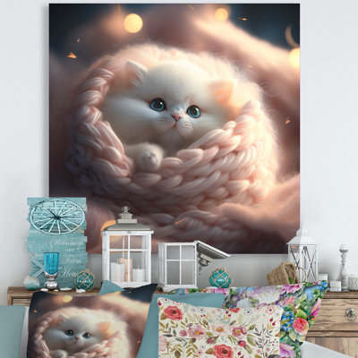 Cute Little White Kitten In Knitted Nest " Cute Little White Kitten In Knitted Nest "