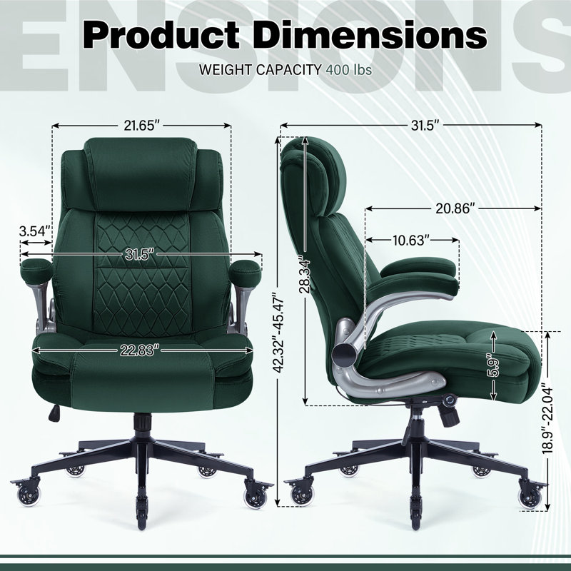 Fauteuil de direction ergonomique Big and Tall avec soutien lombaire réglable et accoudoirs, 400 lb, Vert