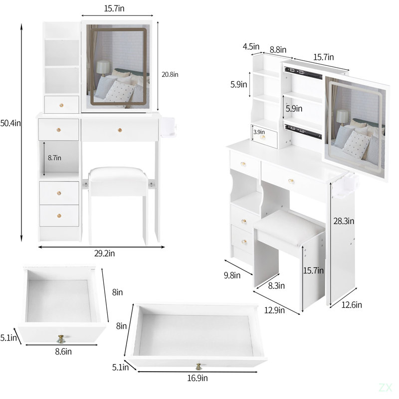 Petit meuble-lavabo 29,2 po avec tiroir de gauche et tabouret rembourré, Blanc