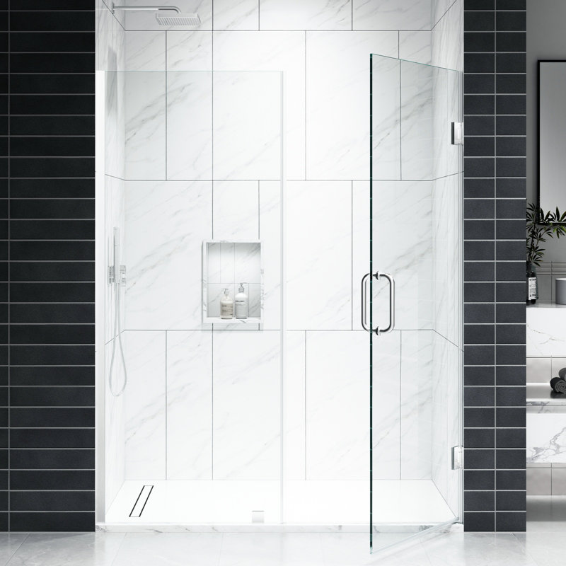 EV Series 59in. - 60in. W x 72in. Frameless Hinged Glass Shower Door | 1 Inches Width Adjustment for Each Size | 3/8 in. Thickness Tempered Clear Glass | Adjustment Uneven Walls