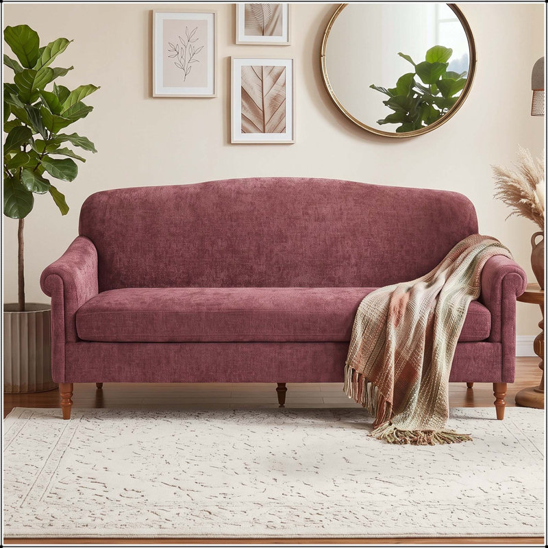 Causeuse à accoudoirs roulés 77,5 po avec tissu chenille et pieds en bois d'hévéa, Chenille rouge