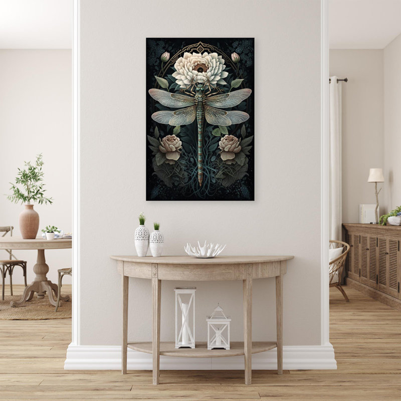 Roses et libellule - impression sur toile tendue, H 14 po x L 11 po x l 1,25 po