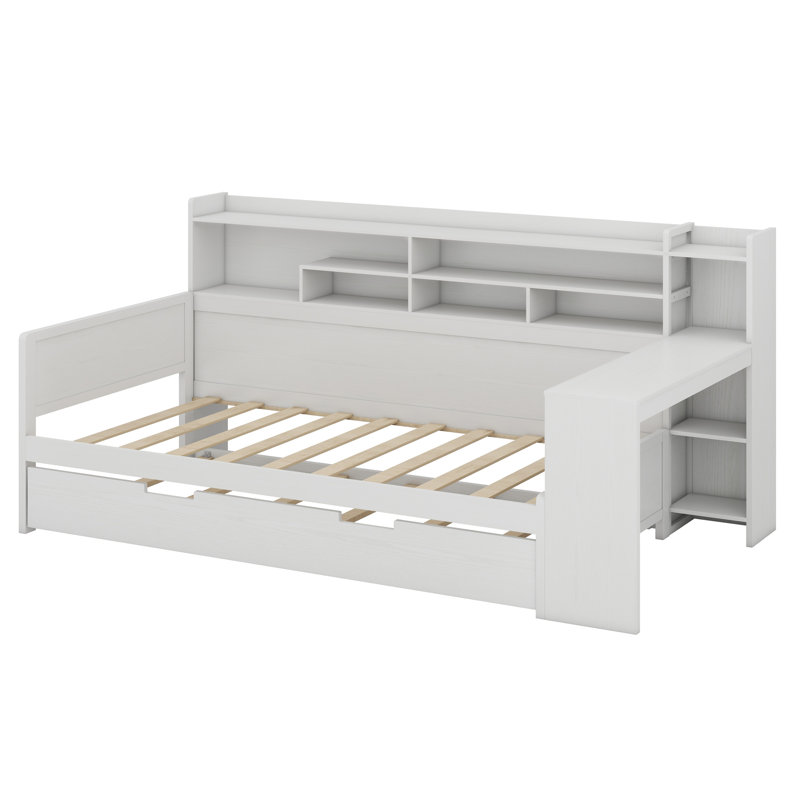 Wooden Daybed With Storage Shelves, Multi-Functional Bed With Trundle Bed And Study Desk, Antique White