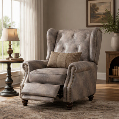 Modern Manual Push Back Recliner Chair Fabric 3-Position Recliner with Rolled Arms, Nailhead Trim & Dark Brown Rubber Wood Legs