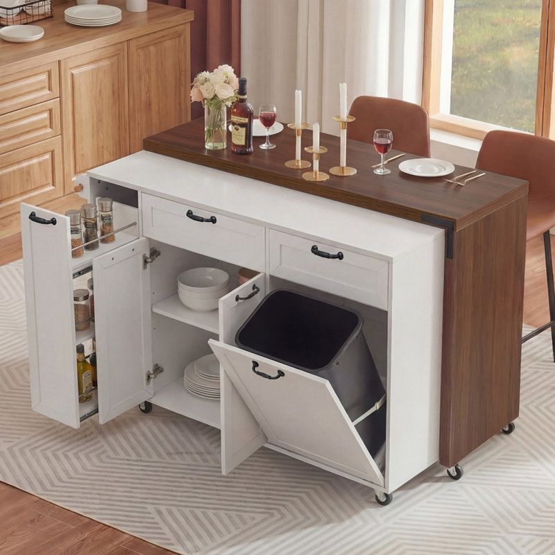 Îlot de cuisine de 102,3 po avec table de salle à manger extensible, chariot d'îlot roulant avec armoire de rangement pour poubelles, support à épices coulissant à 3 niveaux, table d'îlot mobile sur roulettes pour la cuisine, la salle à manger