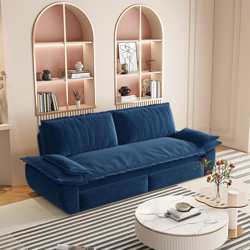 Canapé-lit multifonctionnel bleu de 73,2 po, revêtement en velours, support confortable, grand lit peu encombrant, tissu, éponge haute, facile à utiliser