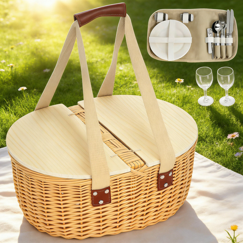 2-Person Insulated Wicker Picnic Basket With Pine Wood Lid, Complete Cutlery Set & Portable Carry Handle, Light Brown Woven Hamper For Camping, Outdoor Gatherings & Holiday Gifting