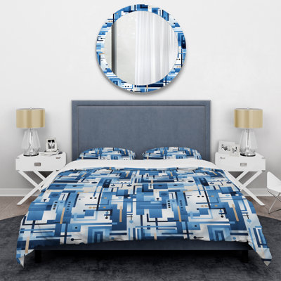 Ensemble de housse de couette à motif géométrique Urban Cobalt Blue And Bwhite Grid Geometric II