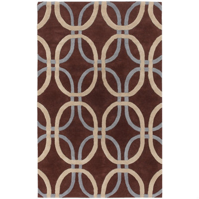 Tapis d'intérieur en laine touffeté à la main à motif géométrique brun, ivoire et bleu Chrysta