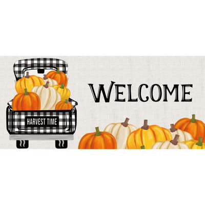 Fall Harvest Pumpkin Plaid Truck Sassafras Switch 22 in. x 10 in. Non-Slip Indoor / Outdoor Door Mat