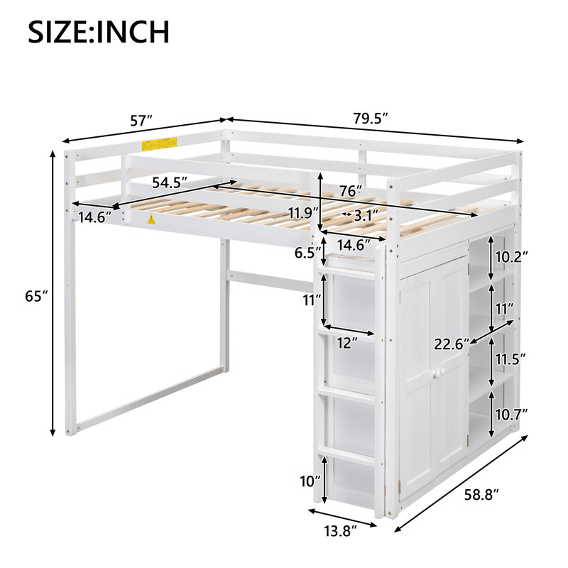  Lit mezzanine double avec garde-robe intégrée, tablettes ouvertes et éclairage ambiant, blanc, Blanc