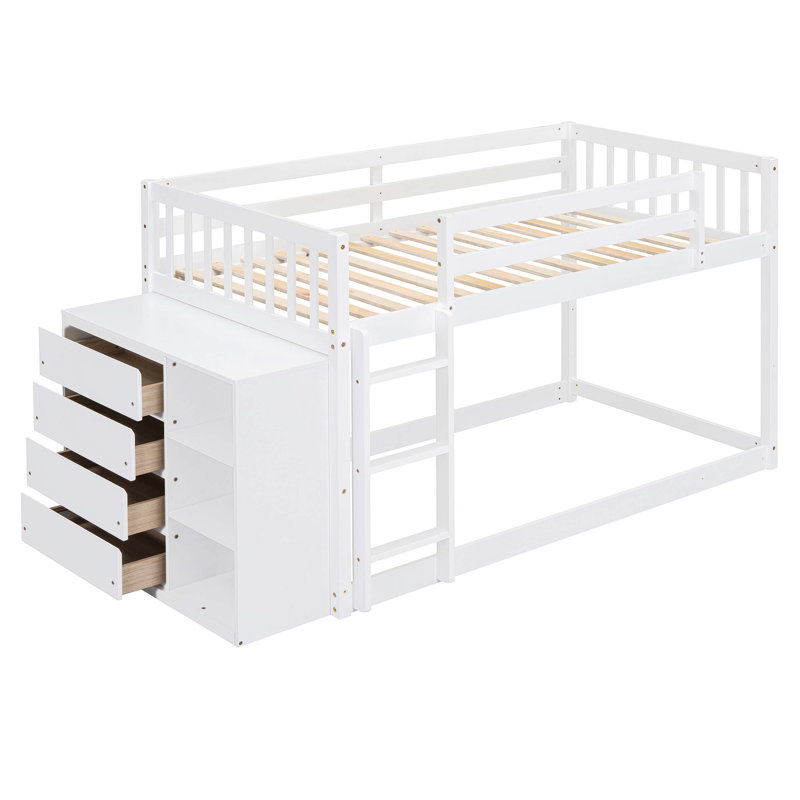 Lit simple superposé simple avec 4 tiroirs et 3 tablettes - blanc
