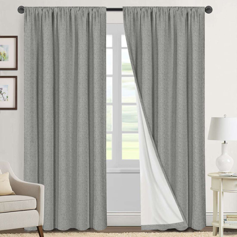 Linen Look 100% Blackout Curtains for Bedroom Full Light Blocking Rod Pocket 42 Inches Wide Linen Textured Thick Window Curtain Drapes with Backing