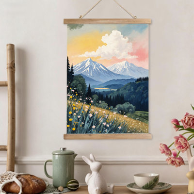 Paysage de montagne avec fleurs sauvages, art mural à volutes suspendues, cintre en bois intégré, 16 x 24