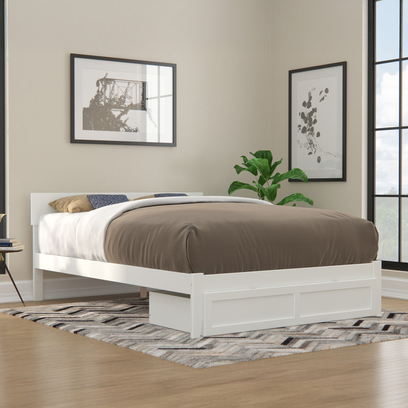 Lit plateforme avec rangement en bois massif Farrah, Double, Blanc